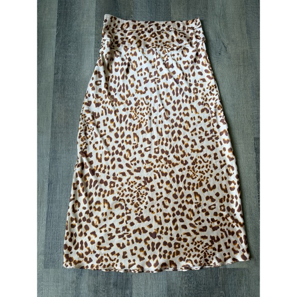 Free People Normani Bias Midi Skirt Womens Sz 12 Beige Leopard Satin Slip A-Line - Picture 3 of 12